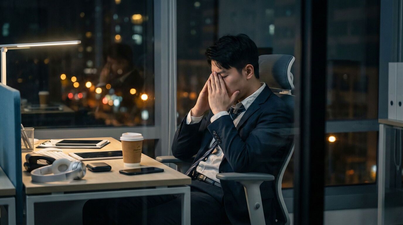 Tired businessman rubbing his eyes at a desk in an office at night with city lights behind the window